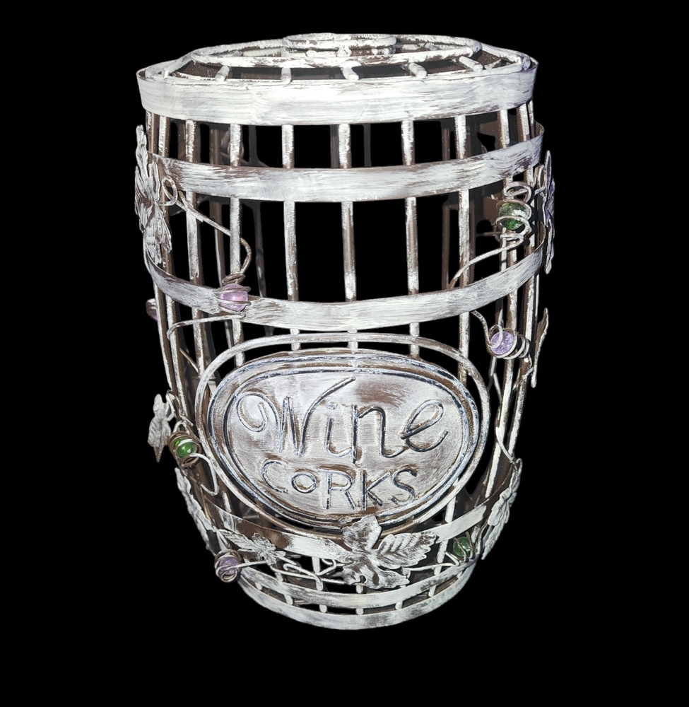 Vintage Wine Cork White Metal barrel  Cage with leaf Accents holder White Washed